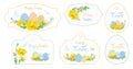 Set cards with eggs and yellow watercolor flowers with gold twigs for Happy Easter