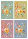 Set of cards with embroidery. Beautiful flowers on different backgrounds.