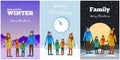 Set of cards with the family outdoors in winter nature. Dad, mom, son and daughter holding hands. Vector concept with happy people Royalty Free Stock Photo