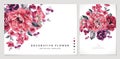 Set of cards with flowers peony or rose burgundy colors isolated white backgrounds, applicable for wedding invitation, greeting Royalty Free Stock Photo