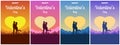 Set of cards for Happy Valentine`s Day with couple in love. A man and a woman embrace on a background of sunset landscape.