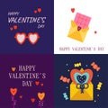 Set of cards Happy Valentine\'s Day February 14. Vector cards with hearts text envelope glasses chocolate.