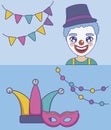 set of cards with head of clown and hat joker