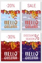 Set cards Hello Autumn, discount season, background with falling leaves, yellow, orange, brown, fall, lettering