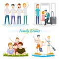 Set of 4 cards with the image of people, family, airport, friendship in flat