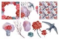 Set of cards and isolated objects with swift birds, tree branches and geranium flowers. Hand painted with watercolor. Royalty Free Stock Photo