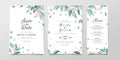 Set of cards with leaves. Greenery wedding invitation card template set with floral frame. Elegant leaves fall illustration for