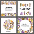 Set of cards with lettering and doodle allergy icons.