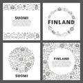 Set of cards with lettering and doodle outline finland icons.