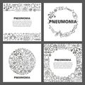 Set of cards with lettering and doodle outline pneumonia icons.