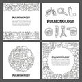 Set of cards with lettering and doodle outline pulmonology items.