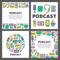 Set of cards with lettering and doodle podcast icons. Royalty Free Stock Photo