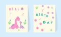 Set cards Mom and baby. Dinosaurs. Happy birthday greeting. Doodle poster lettering hand-drawn. Sketch. Pink and mint color