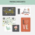 Set of cards, notes and stickers with cute