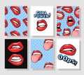 Set of Cards with Sexy Female Lips with Gloss Red Lipstick. Pop Art Style Vector Fashion Illustration Woman Mouth. Gestures Royalty Free Stock Photo