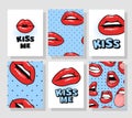 Set of Cards with Sexy Female Lips with Gloss Red Lipstick. Pop Art Style Vector Fashion Illustration Woman Mouth. Gestures Royalty Free Stock Photo