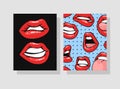 Set of Cards with Sexy Female Lips with Gloss Red Lipstick. Pop Art Style Vector Fashion Illustration Woman Mouth. Gestures Royalty Free Stock Photo