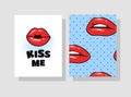 Set of Cards with Sexy Female Lips with Gloss Red Lipstick. Pop Art Style Vector Fashion Illustration Woman Mouth. Gestures Royalty Free Stock Photo