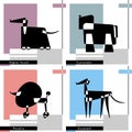 Set of cards with the stylized dog breeds of Afghan Hound, Azawakh, Poodle and Komondor on the Colorful background. Vector Illustr Royalty Free Stock Photo