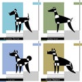 Set of cards with the stylized dog breeds of Airedale Terrier, Doberman, Laika and German Shepherd. Vector Royalty Free Stock Photo