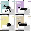 Set of cards with the stylized dog breeds. Bedlington Terrier, Dachshud Dog, Scottish Terrier and Pomeranian. Royalty Free Stock Photo