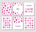 Set of Cards for Valentine`s Day with Cute Childlike Watercolor Pink Hearts. Hand Drawn Paint Object for Graphic Design use.