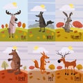 Set Cards Woodland Animals and Cute Forest Design Elements, deer, wolf, rabbit, bear, fox, elk, cartoon style, vector Royalty Free Stock Photo