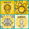Set of cards for yoga and abstract seamless patterns in indian style Royalty Free Stock Photo