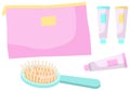 A set of care items vector illustration. Comb and multi-colored tubes of cream near the cosmetic bag Royalty Free Stock Photo