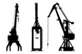 Set of cargo cranes isolated on white background. Harbor crane, winches and lift black silhouette.