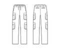 Set of cargo pants technical fashion illustration with low waist, rise, pockets, belt loops, full lengths. Flat bottom Royalty Free Stock Photo