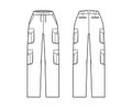 Set of cargo pants technical fashion illustration with normal waist, high rise, pockets, belt loops, full lengths. Flat
