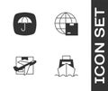 Set Cargo ship with boxes delivery, Delivery package umbrella, Plane and cardboard and Worldwide shipping icon. Vector