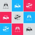 Set Cargo ship with boxes delivery, Forklift truck and Plane and cardboard icon. Vector Royalty Free Stock Photo