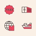 Set Cargo ship with boxes delivery, rice tag Free, Container and Worldwide shipping icon. Vector Royalty Free Stock Photo