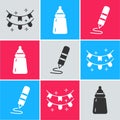 Set Carnival garland with flags, Baby bottle and Wax crayon for drawing icon. Vector Royalty Free Stock Photo