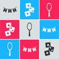 Set Carnival garland with flags, Game dice and Magic hand mirror icon. Vector