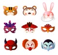 Set of carnival, halloween and animals masks isolated on white background Royalty Free Stock Photo