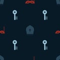 Set Carnival mask, Pope hat and Old key on seamless pattern. Vector Royalty Free Stock Photo