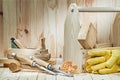 Set of carpenter tools with wooden toolbox on wood background Royalty Free Stock Photo