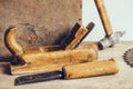 Set of carpenters tool at carpenters workshop Royalty Free Stock Photo