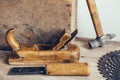 Set of carpenters tool at carpenters workshop Royalty Free Stock Photo