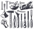 Set of carpentry chisel tools, wood jointer, saw