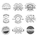 Set of carpentry, repair, lumberjack, sawmill and woodwork labels isolated