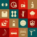 Set Carrot on fork, Bodybuilder muscle, Broccoli, Stationary bicycle, Dumbbell, Bathroom scales, and Bamboo icon. Vector Royalty Free Stock Photo