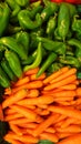 Set of carrots and green chillies. Group of vegetables displayed. Royalty Free Stock Photo