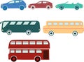 A set of cars and buses. Collection of vehicles in cartoon style. Vector illustration for children. City transport.