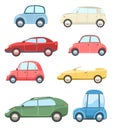 Set of cars. Cartoon comic in funny style. Side view. Beautiful retro auto. Flat stile. Childrens illustration. Object