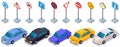 Set of cars and different means of road safety. Colored automobiles, vehicles near traffic signs