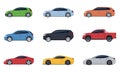 Set of cars of different models. Transport side view. Modern cars, SUVs, sports cars. Vector illustration Royalty Free Stock Photo